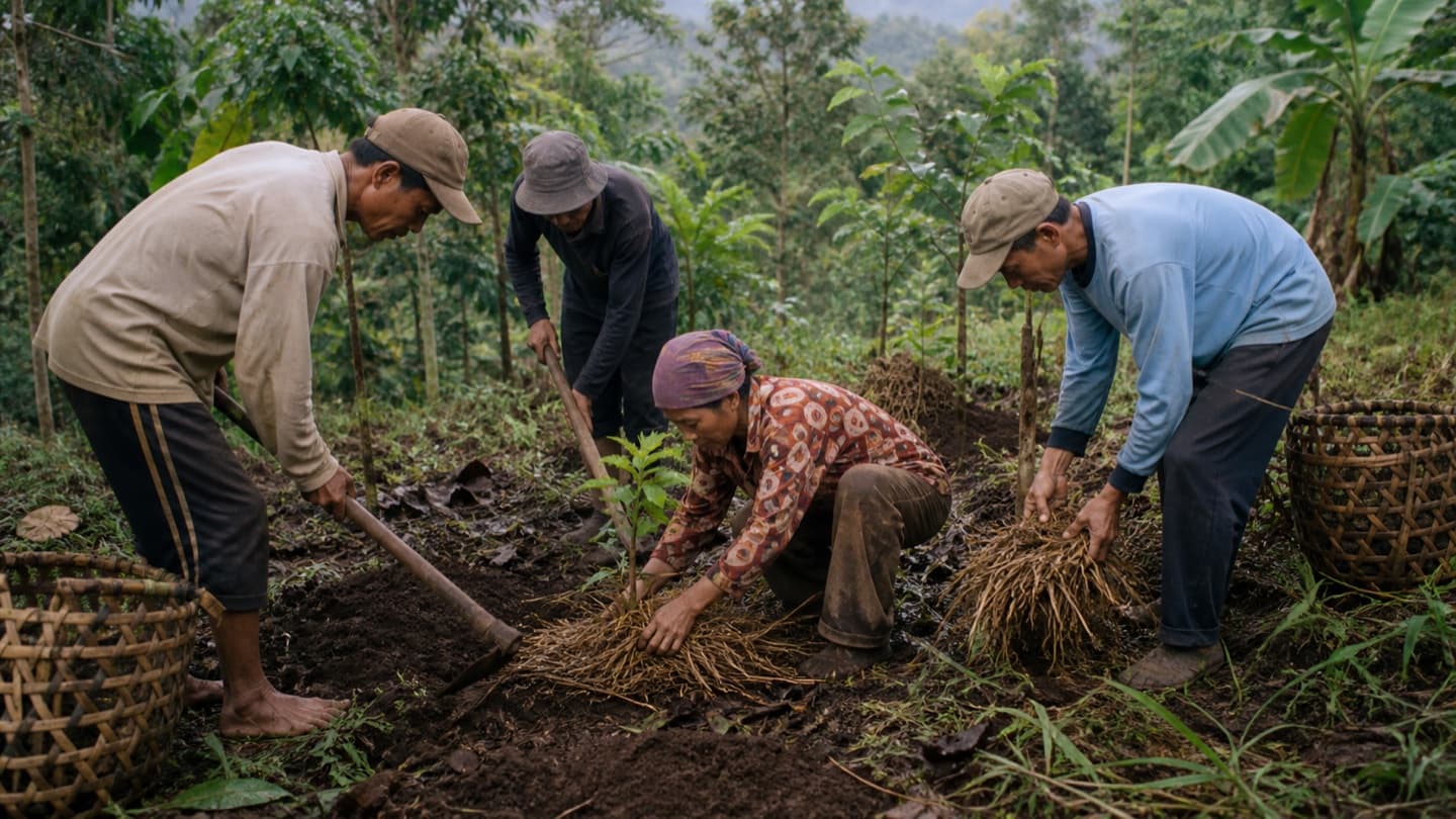 Warga bekerja bersama di kebun