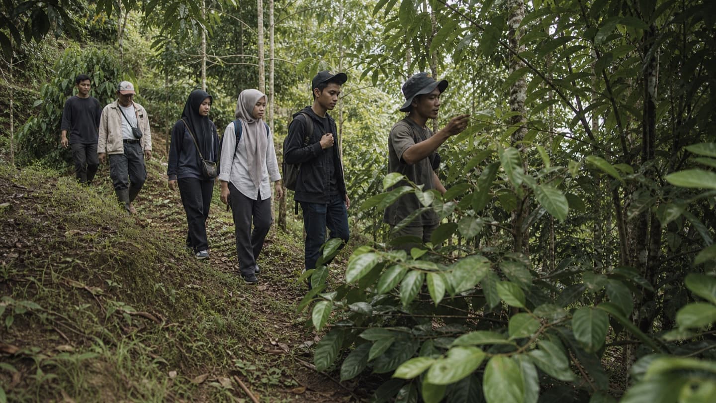 Rombongan kunjungan belajar berjalan di kebun